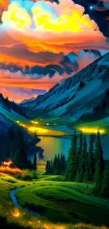 Colorful mountain sunset with a lake and vibrant skies.