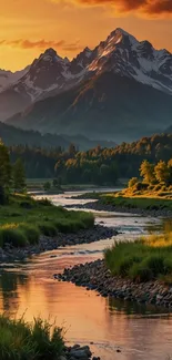 Majestic mountain landscape with sunset and river.