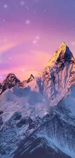 Snow-capped mountain at vibrant sunset with purple and pink sky.