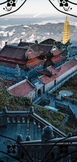 Asian mountain temple with scenic backdrop.