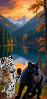 White tiger and black panther by a mountain lake at sunset.
