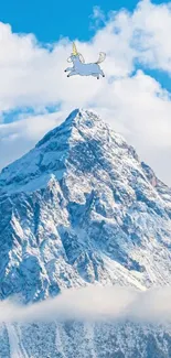 Unicorn soaring over snow-covered mountain peaks with a blue sky backdrop.