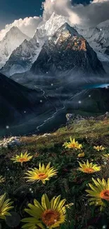 Breathtaking mountain landscape with yellow flowers and dramatic skies.