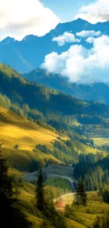 Lush mountain landscape with clear sky and vibrant green hills.