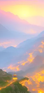 Mystical mountain landscape at sunset with glowing peaks and valleys.