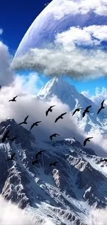 Stunning mountain and planet mobile wallpaper with birds flying.