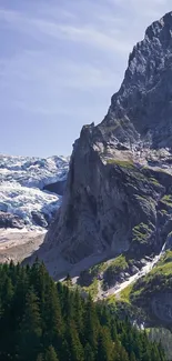 Scenic mountain landscape with forest and blue sky.