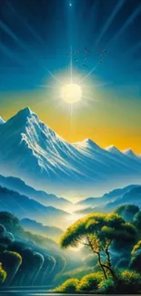 Majestic mountain landscape with sunlight and vibrant nature.