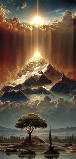 Stunning scenic landscape with mountains and sunrays.