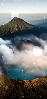 Aerial view of a mountain peak surrounded by mist and lush landscape.