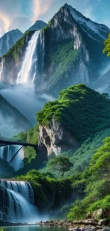 Breathtaking mountain scene with waterfalls.