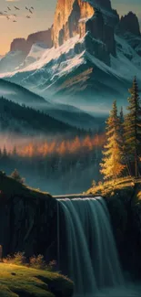 Majestic mountain with waterfall and forest at sunset.