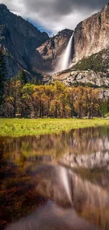 A beautiful mountain waterfall with reflection in the tranquil forest landscape.