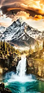 Mountain waterfall with trees and sky.