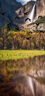 Mountain waterfall with birds and a lush green landscape.