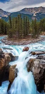 Majestic waterfall cascading between mountain and forest scenery.