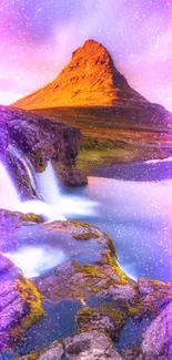 Majestic mountain with waterfall at sunset, vibrant colors.