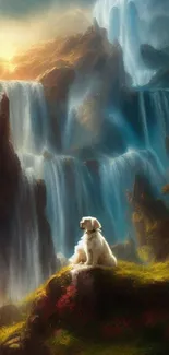 A contemplative dog sits in a stunning landscape of waterfalls and golden sunset.