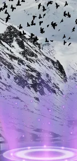 Snowy mountain landscape with birds and a purple glow effect.