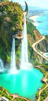 Majestic bison waterfall fantasy landscape.