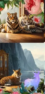 Fantasy wallpaper with tigers, floral motifs, and mystical landscapes.