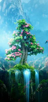 Fantasy wallpaper with tree on mountain and sparkling waterfall.