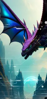 Majestic neon dragon flying over rocky canyon in vibrant fantasy landscape.