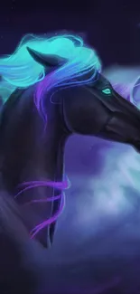 Majestic black horse with neon mane on a dark, mystical background.