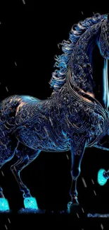 Intricate neon blue horse on dark background.