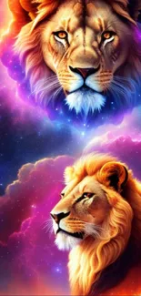 Two majestic neon lions with cosmic backgrounds.