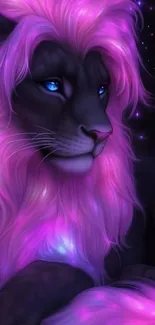 Majestic neon lion with purple mane, starry background.