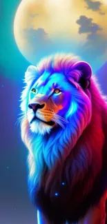 Majestic neon lion against a full moon in vibrant colors on the wallpaper.