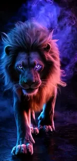 Majestic lion with neon colors and smoky background, perfect for wallpaper.