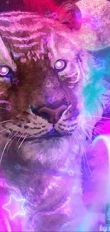 Neon tiger with moonlit background in mystical colors.