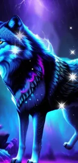 Neon wolf art with blue and purple hues.