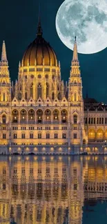 Majestic building with full moon reflection.