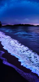 Glow of waves under a starlit night sky on a tranquil beach.