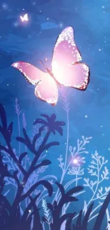 Glowing butterfly amidst serene night scene on mobile wallpaper.