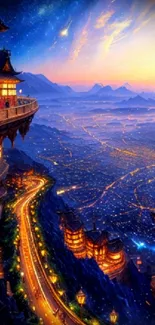 Majestic cityscape with vibrant lights and a cosmic sky, showcasing urban fantasy art.