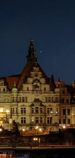 Majestic cityscape with historic architecture under a starry night sky.