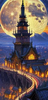 Majestic cityscape art under a glowing moon with vibrant colors and intricate details.