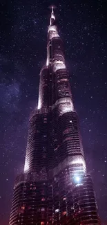 Illuminated skyscraper under a starry night sky for mobile wallpaper.