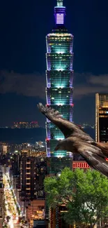 Eagle soaring over Taipei 101 with city lights at night.