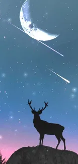 Deer silhouette under a moonlit, star-filled night sky.