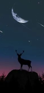 Silhouette of a deer under a starry night sky with a crescent moon.