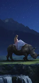 Woman riding rhino under starry night sky in fantasy landscape.