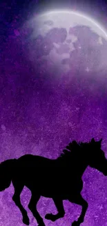 Silhouette of a horse under a purple moonlit sky.