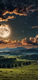 Majestic night landscape with full moon and rolling hills under starry sky.