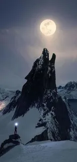 Moonlit mountain with a hiker under a full moon.