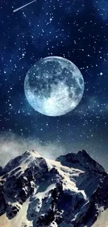 Night view of moonlit snowy mountains with starry sky.